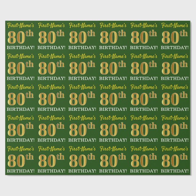 Papier Cadeau Vert, Imitation Or Look "80e anniversaire" (Plat)