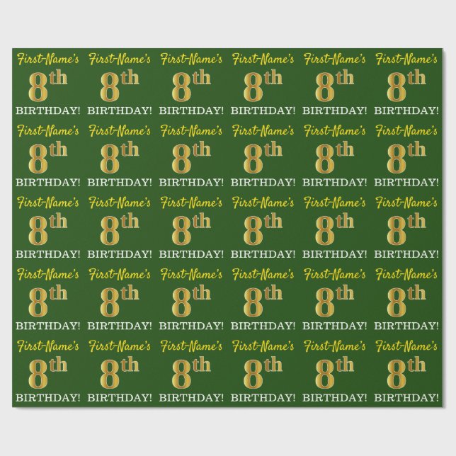 Papier Cadeau Vert, Imitation Or Look "8e anniversaire" (Plat)