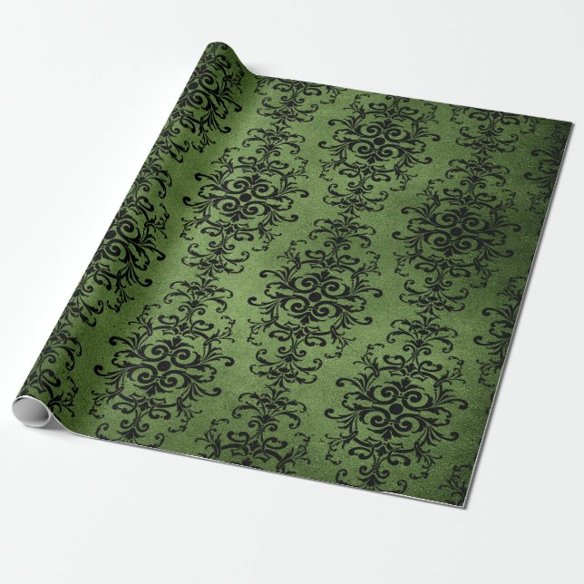 Papier Cadeau Vert Imprimé Damassé Rustique (Déroulé)