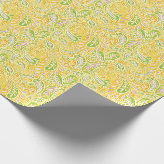 Papier Cadeau Vert jaune de Paisley et motif pourpre (Coin)