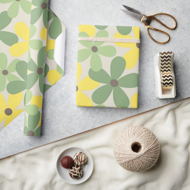 Papier Cadeau Vert jaune rétro Y2K les années 70 Fleur Motif (Artisanat)