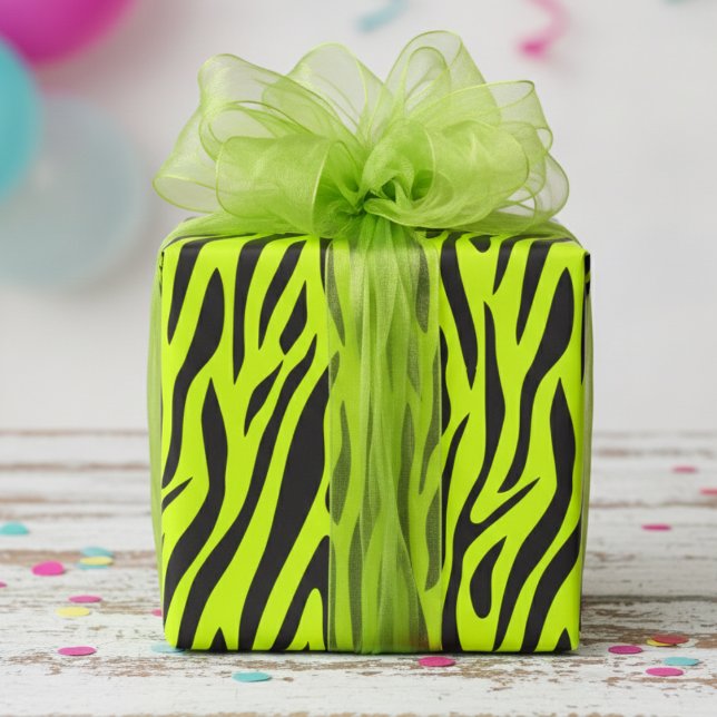 Papier Cadeau Vert Lime Fluorescent Petite Impression Zèbre (Fun Fluorescent Yellow Wrapping Paper for Cool 80's Kids Party. Modern Zebra Animal Print Gift Wrap)