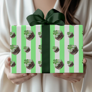 Papier Cadeau Vert menthe cupcake rayé vintage trèfle