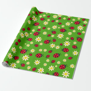 Papier Cadeau vert mignon de motif de fleur de coccinelle et de