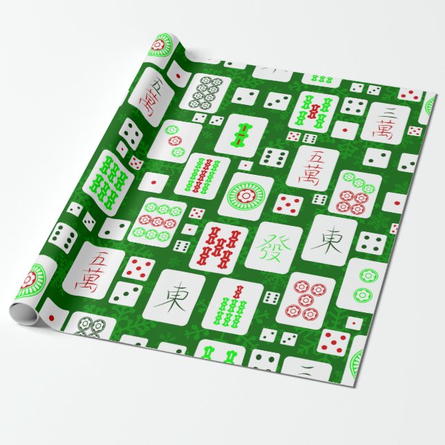 Papier Cadeau vert noël mahjong chinois jeu de tuiles asiatiques (Déroulé)