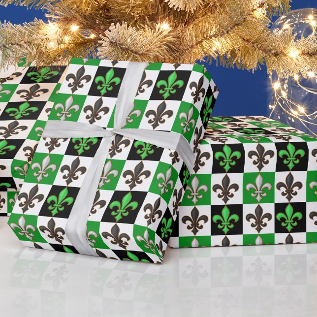 Papier Cadeau Vert Noir Blanc À damiers Fleur de lis Design (Créateur téléchargé)