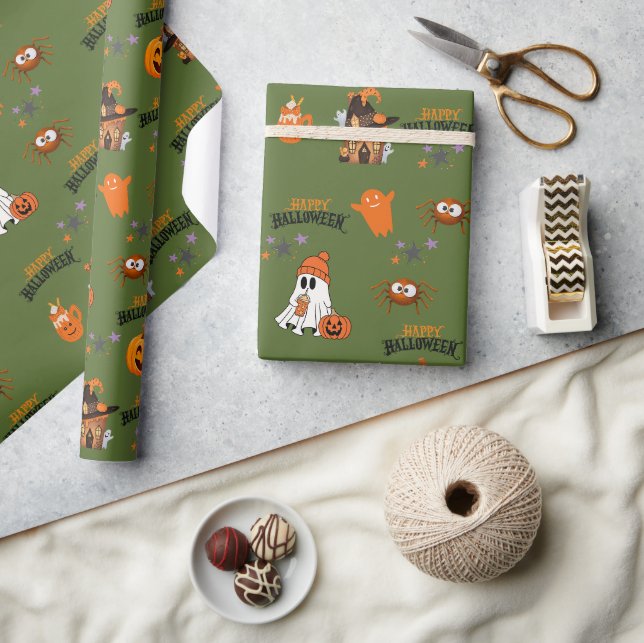 Papier Cadeau vert olive Joyeux Halloween Cute Ghost Citrouille (Artisanat)