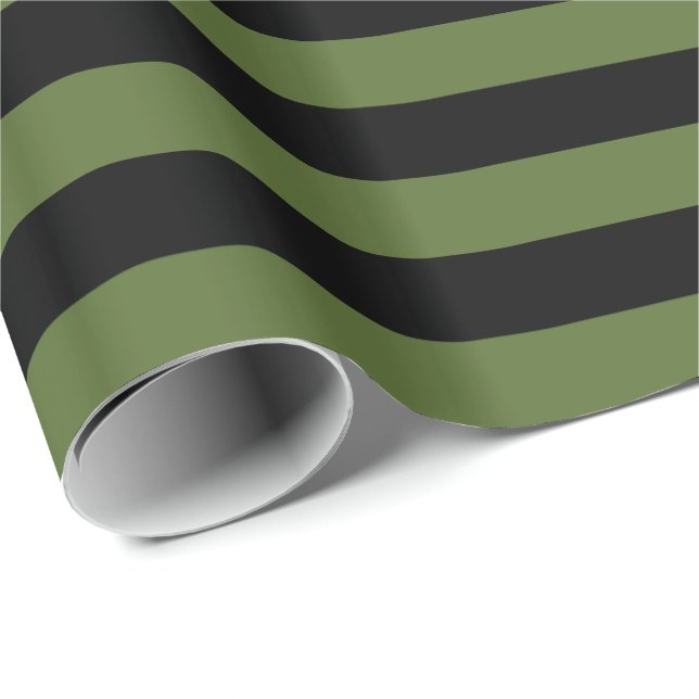 Papier Cadeau Vert olive/Noir rayé (Coin rond)