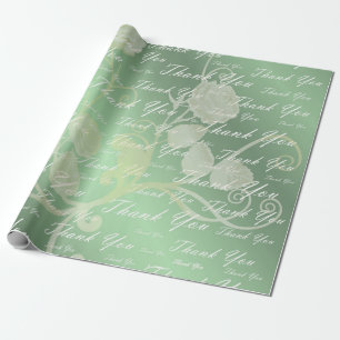 Papier Cadeau vert, or, argent, merci + vous, fleurs, floral,