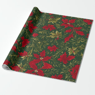 Papier Cadeau Vert or et rouge Fleur de Noël Holly