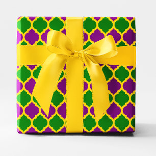 Papier Cadeau Vert or et violet Mardi Gras Quatrefoil