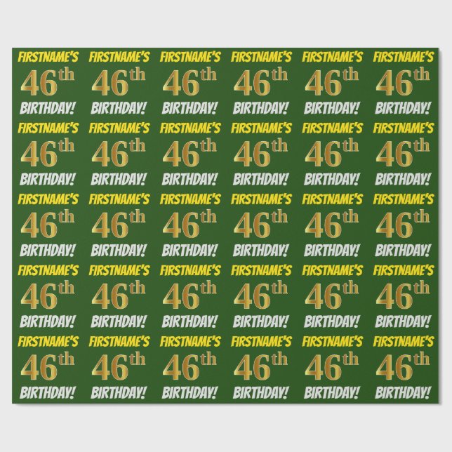 Papier Cadeau Vert, Or Faux/Imitation, "46e ANNIVERSAIRE" (Plat)
