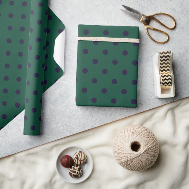 Papier Cadeau Vert + pois violets (grands) (Artisanat)