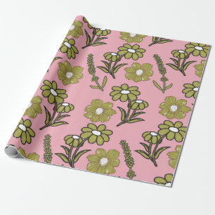 Papier Cadeau Vert rose rétro Y2K Funky Hippie Flower Motif