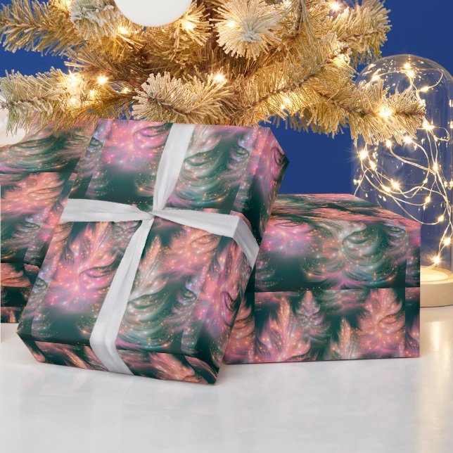 Papier Cadeau Vert Rose Violet Blanc Arbres Noël Moderne (Vacances)