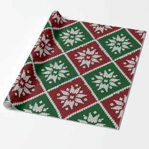 Papier Cadeau Vert Rouge et Blanc Festif Tricot Nordique (3)
