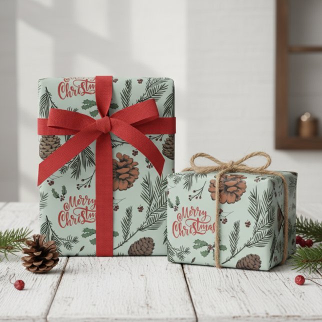 Papier Cadeau Vert Rustique Joyeux Noël Cône de Pin Houx Baie (Rustic Merry Christmas Pinecones & Red Holly Berry Evergreen Pattern Elegant Holiday Wrapping Paper)