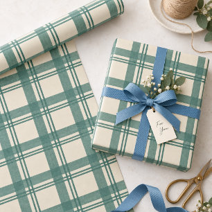 Papier Cadeau Vert sauge antique Crème Tartan Noël à carreaux