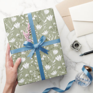 Papier Cadeau Vert sauge Blanc Floral Mariage Fête de mariage 