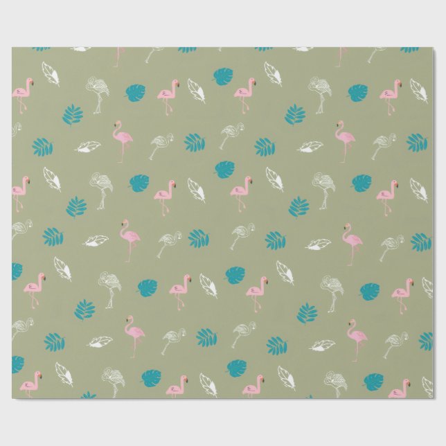 Papier cadeau Vert Sauge et Flamant Rose (Plat)