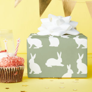 Papier Cadeau Vert Sauge Et Lapin Blanc Motif Pâques Mignon