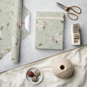 Papier Cadeau Vert sauge Fleur de rose vintage florale