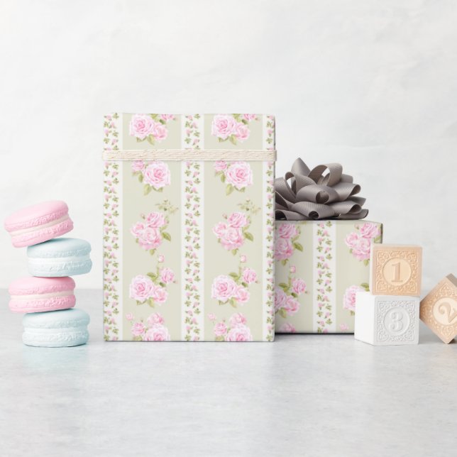 Papier Cadeau Vert sauge floral vintage (Baby Shower)