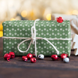 Papier Cadeau Vert sauge rustique et flocons de neige blancs