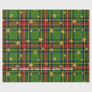 Papier Cadeau Vert Tartan Étoile Dorée Noël Personnalisé