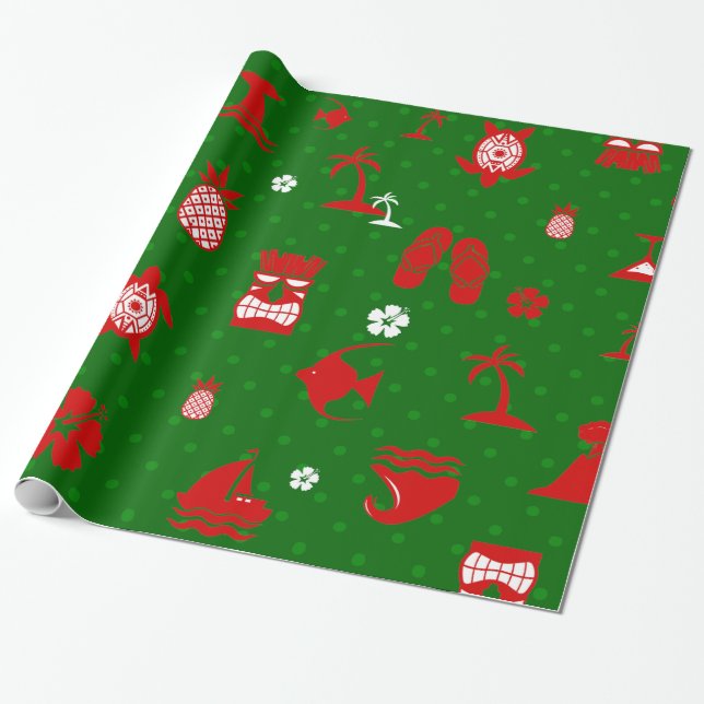 Papier Cadeau vert tropical de noël tiki rétro (Déroulé)