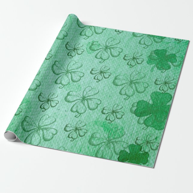 PAPIER CADEAU VERT, VERT UNE LUCKY QUATRE FEUILLES MOTIFS (Déroulé)
