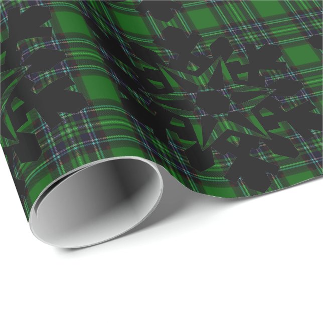 Papier Cadeau Verte et noir Plaid avec détails de flacon de neig (Coin rond)