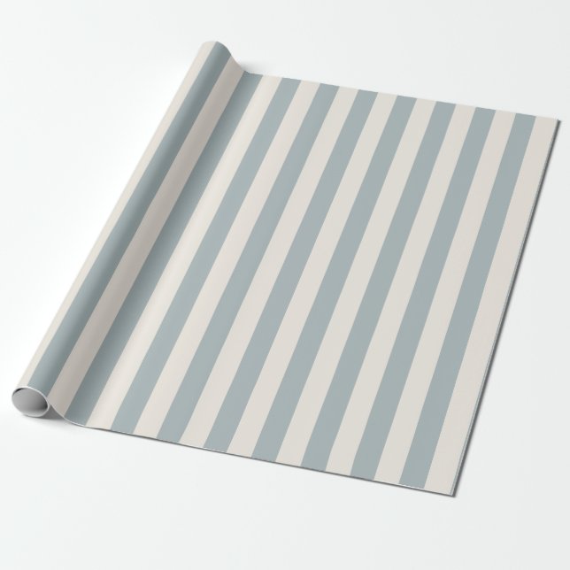 Papier Cadeau Vertical Stripe Pattern Light Blue-Gray and Cream (Déroulé)