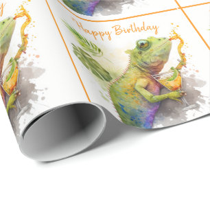 Papier Cadeau Vibes d'été Aquarelle Chameleon - Joyeux anniversa