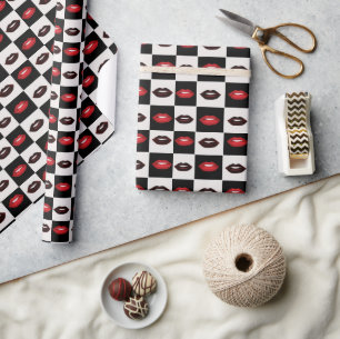 Papier Cadeau Vibes rétro Lèvres rouges Noir et blanc Checkerboa