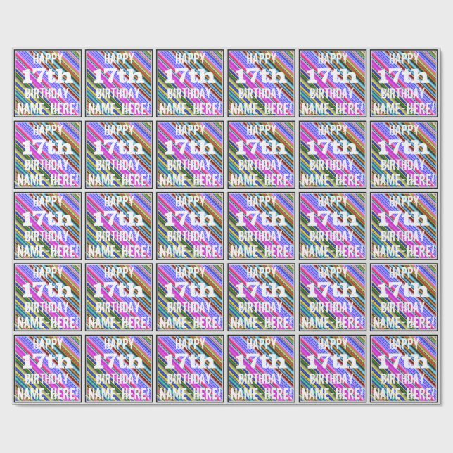 Papier Cadeau Vibrant, coloré 17ème anniversaire + Nom personnal (Plat)
