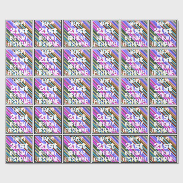 Papier Cadeau Vibrant, coloré 21e anniversaire + Nom personnalis (Plat)