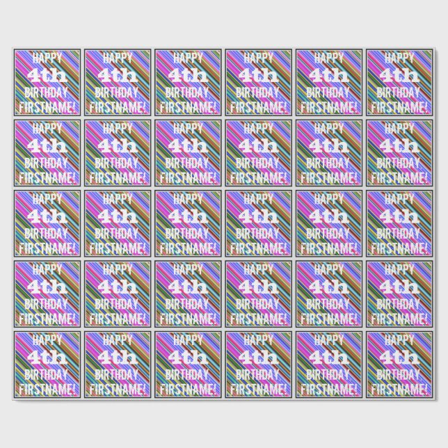 Papier Cadeau Vibrant, coloré 4e anniversaire + Nom personnalisé (Plat)