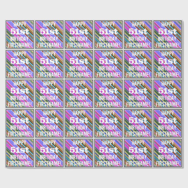 Papier Cadeau Vibrant, coloré 51e anniversaire + Nom personnalis (Plat)