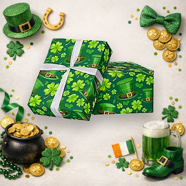Papier Cadeau Vibrant Green Shamrock Leprechaun Pattern Art (Créateur téléchargé)