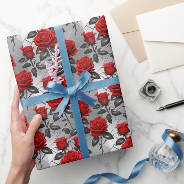 Papier Cadeau Vibrant Red Roses On A Metallic Silver Background  (Cadeaux)