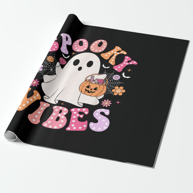 Papier Cadeau Vibrations Effrayantes Fantôme Rétro Groovy Hallow (Déroulé)