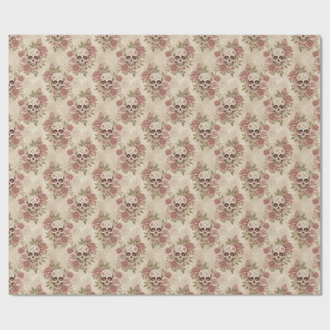 Papier Cadeau Victorian Gothic Skull & Rose Wrapping Paper (Plat)