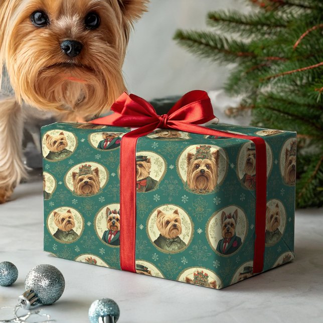 Papier Cadeau Victorian Yorkie Christmas Portraits on Emerald Gr (Créateur téléchargé)