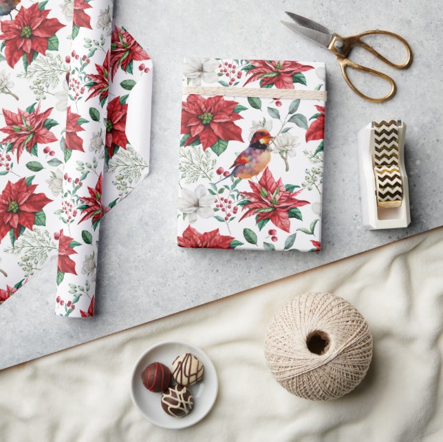 Papier Cadeau Vie de Noël aquarelles fleurs, feuilles, oiseaux (Artisanat)