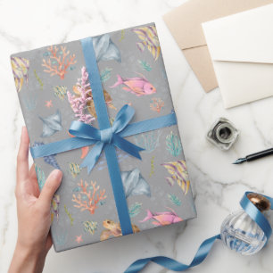 Papier Cadeau Vie océanique à l'aquarelle grise texturée
