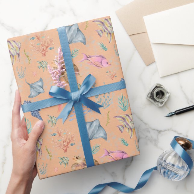 Papier Cadeau Vie océanique à l'aquarelle Orange clair texturé (Cadeaux)