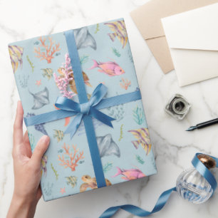 Papier Cadeau Vie océanique à l'aquarelle Pastel Bleu Texturé