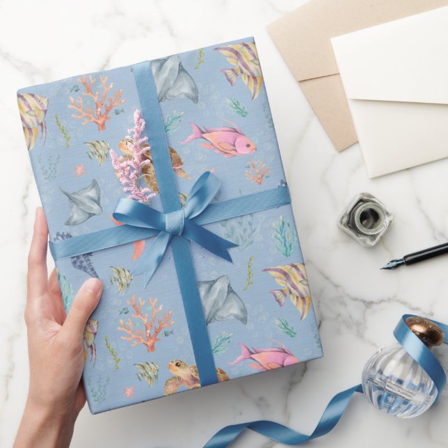 Papier Cadeau Vie océanique à l'aquarelle Texturé bleu clair (Cadeaux)
