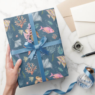 Papier Cadeau Vie océanique à l'aquarelle Texturé Bleu foncé